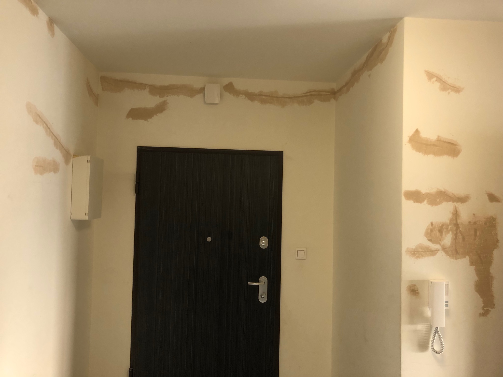 Fragment korytarza z przygotowanymi ścianami do malowania, widoczne ślady po szpachlowaniu na jasnych ścianach wokół ciemnych drzwi wejściowych i domofonu.
