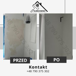 Kacper Kurkowski - Porównanie stanu ściany przed i po pracach: fragment ściany z widocznymi plamami i nierównościami zestawiony z gładką, pomalowaną na biało ścianą z dekoracyjną listwą.