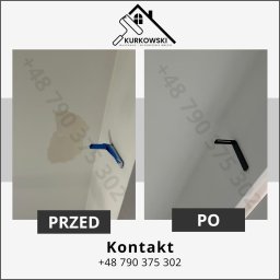 Kacper Kurkowski - Porównanie sufitu przed i po naprawie: zacieki usunięte, powierzchnia gładka i pomalowana na biało, widoczny narożnik zabezpieczony niebieską taśmą malarską przed naprawą.