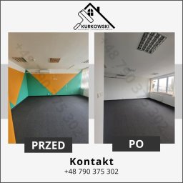 Kacper Kurkowski - Porównanie biura przed i po: ściana z geometrycznym wzorem w kolorach zieleni i pomarańczy przed odnowieniem, a po odnowieniu białe, czyste ściany i sufit.