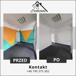 Kacper Kurkowski - Porównanie biura przed i po odświeżeniu: ściana z geometrycznym wzorem w kolorach pomarańczowym i zielonym kontra biała, pomalowana ściana, widoczne logo firmy w górnej części zdjęcia.