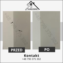 Kacper Kurkowski - Porównanie stanu ściany przed i po naprawie: widoczne pęknięcie przed naprawą i gładka powierzchnia po, z numerem telefonu kontaktowym.