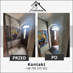 Kacper Kurkowski - Korytarz przed i po odświeżeniu, widoczne gładkie ściany, odnowione drzwi i nowa wycieraczka, po lewej stronie szafa przesuwna z motywem tramwaju.