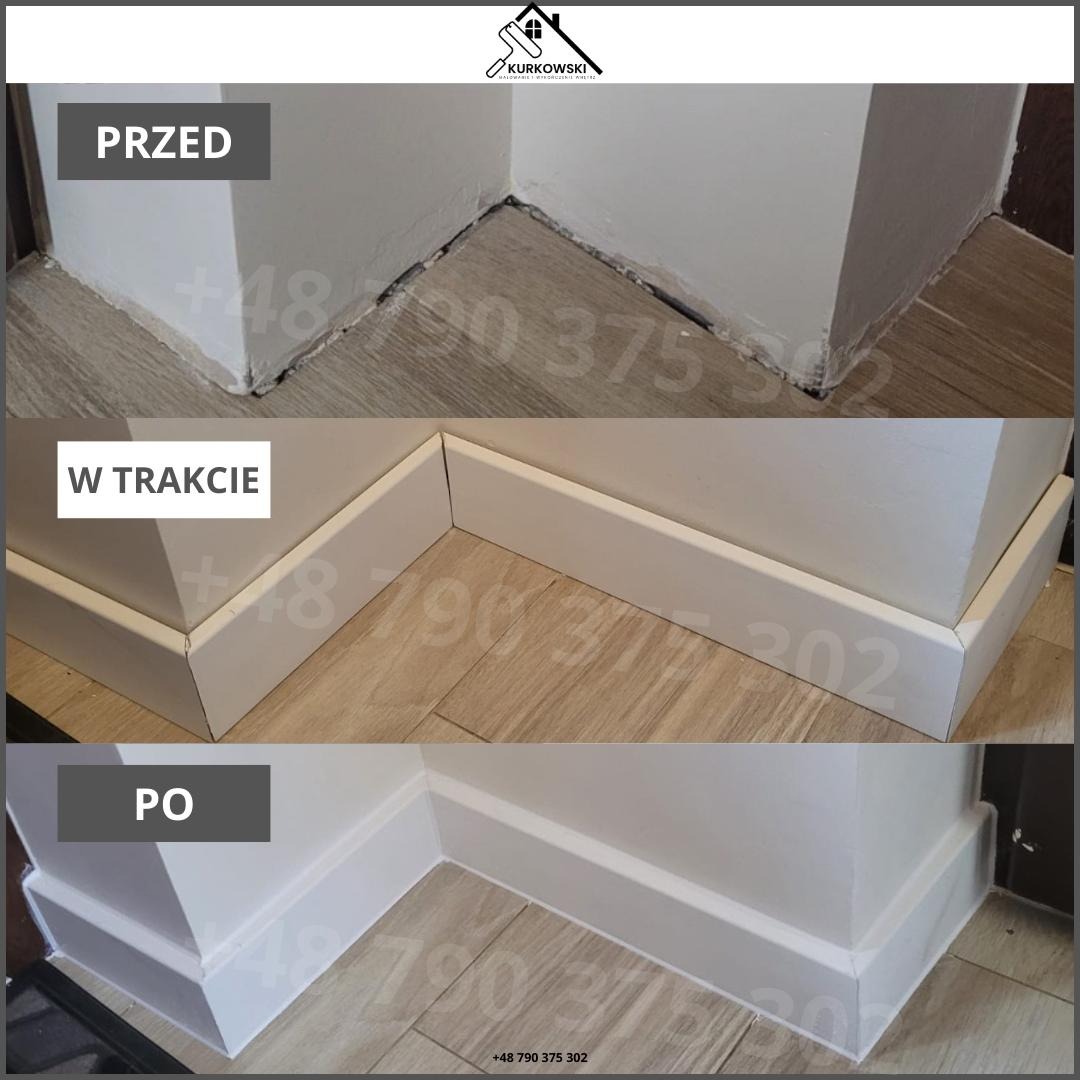 Trzy etapy montażu białych listew przypodłogowych: przed montażem z widocznymi szczelinami, w trakcie montażu z częściowo zamontowanymi listwami i po zakończeniu montażu z idealnie dopasowanymi...