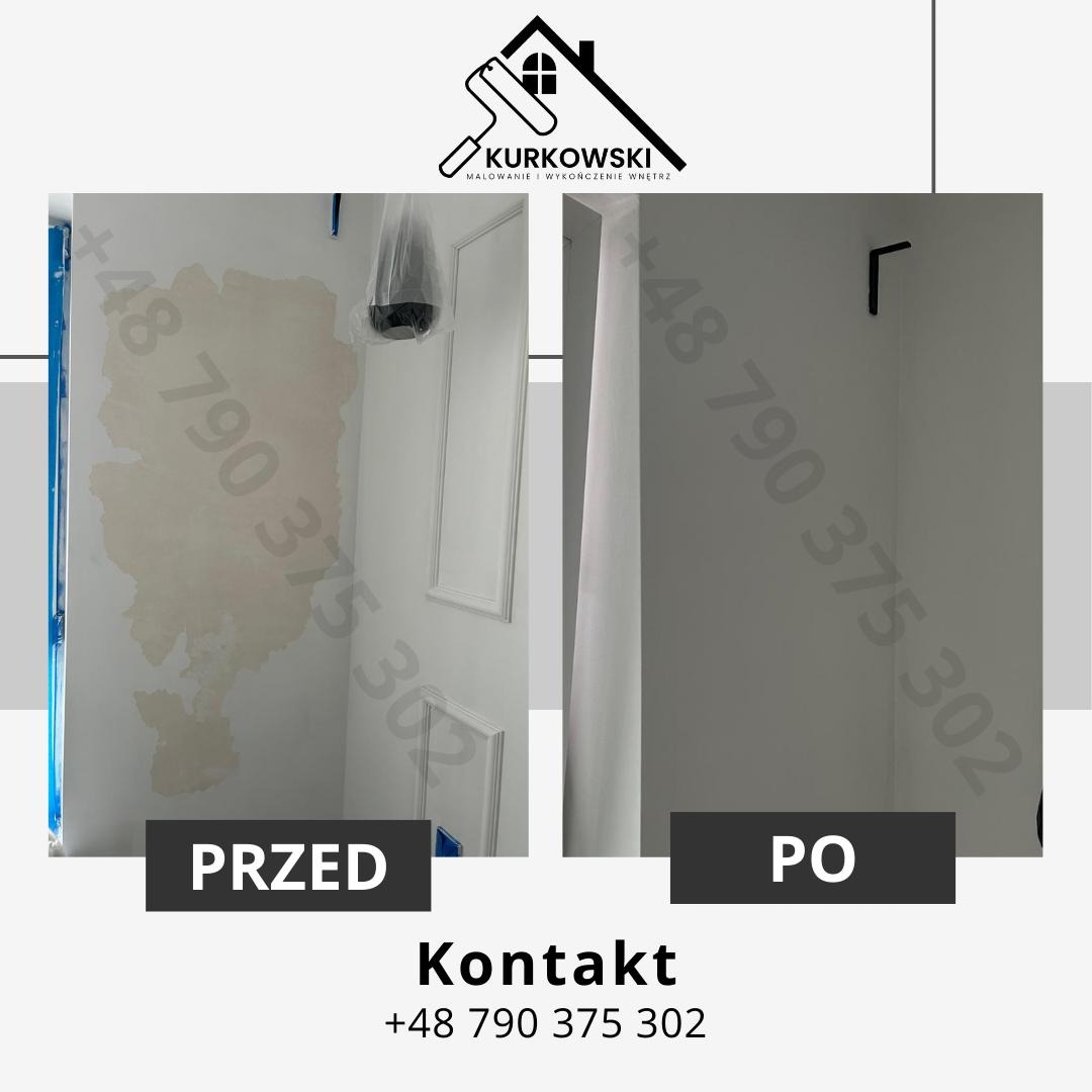 Porównanie stanu ściany przed i po pracach: fragment ściany z widocznymi plamami i nierównościami zestawiony z gładką, pomalowaną na biało ścianą z dekoracyjną listwą.