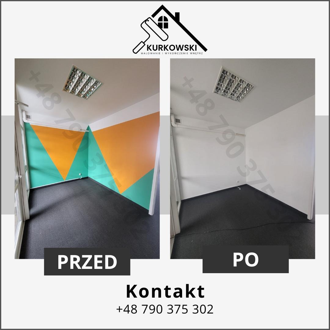 Porównanie biura przed i po odświeżeniu: ściana z geometrycznymi wzorami w kolorach zieleni i pomarańczy przed, białe ściany po odmalowaniu, widoczne oświetlenie sufitowe.