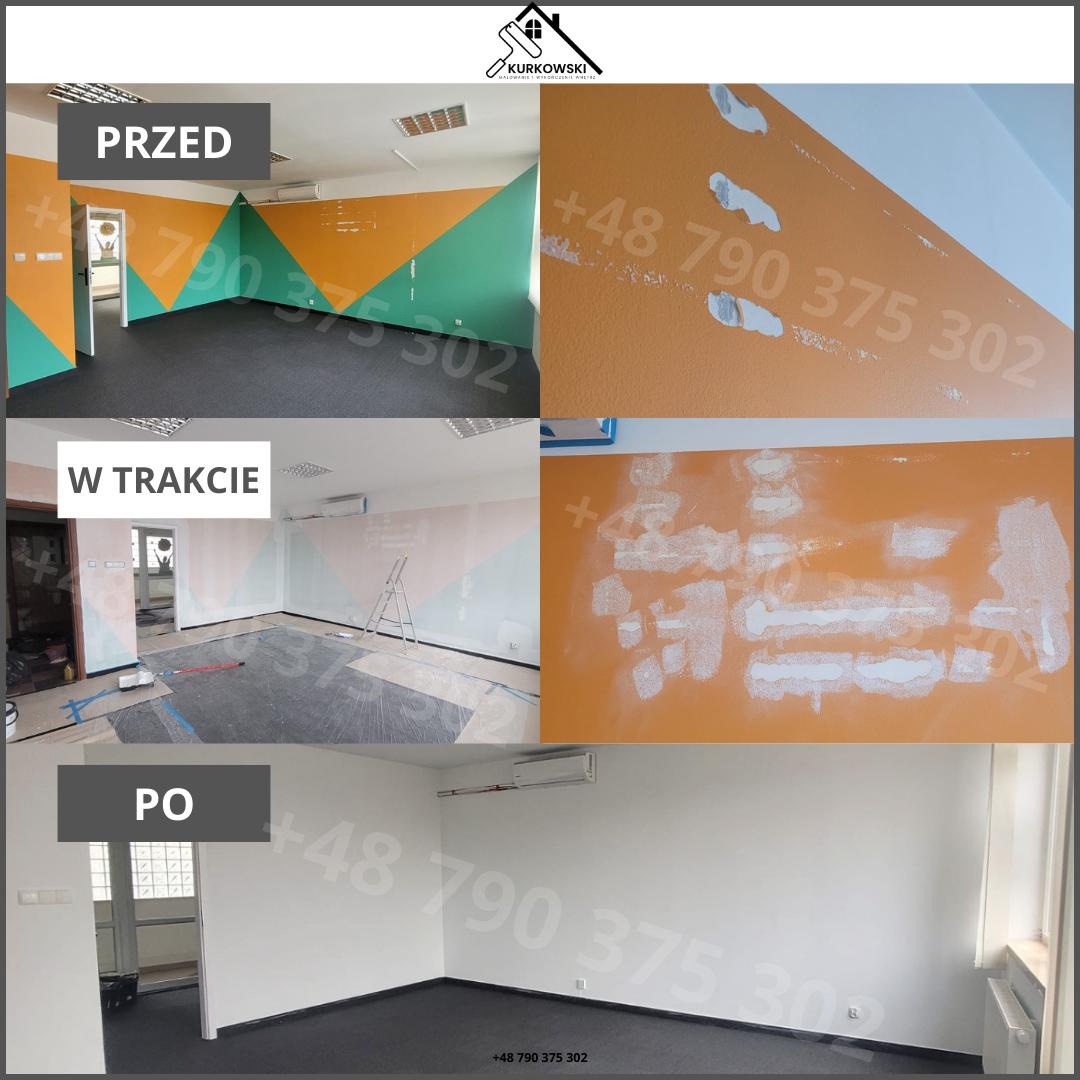 Kolaż przedstawiający metamorfozę biura: widok przed malowaniem z geometrycznymi wzorami, w trakcie szpachlowania i po remoncie z białymi ścianami i ciemną podłogą.