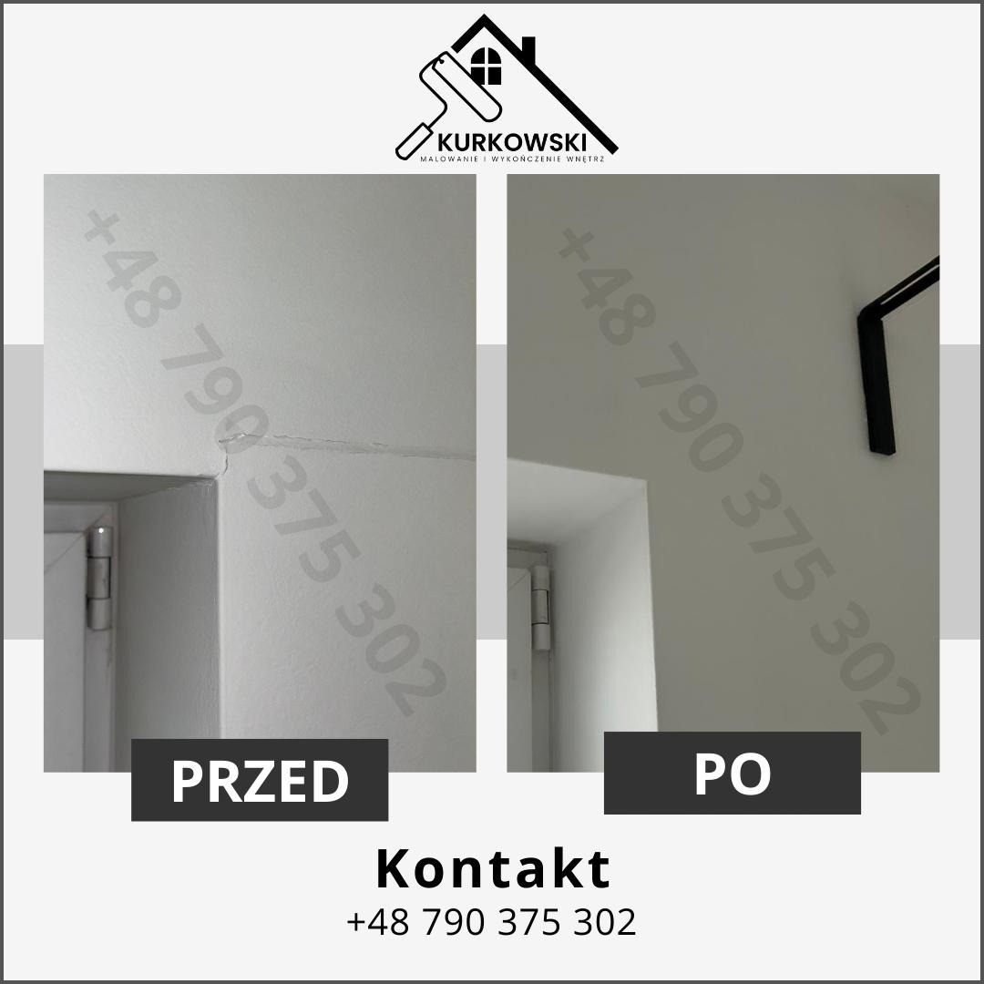 Porównanie stanu ściany przed i po odświeżeniu, widoczne pęknięcie usunięte, ujęcie z numerem telefonu kontaktowego.