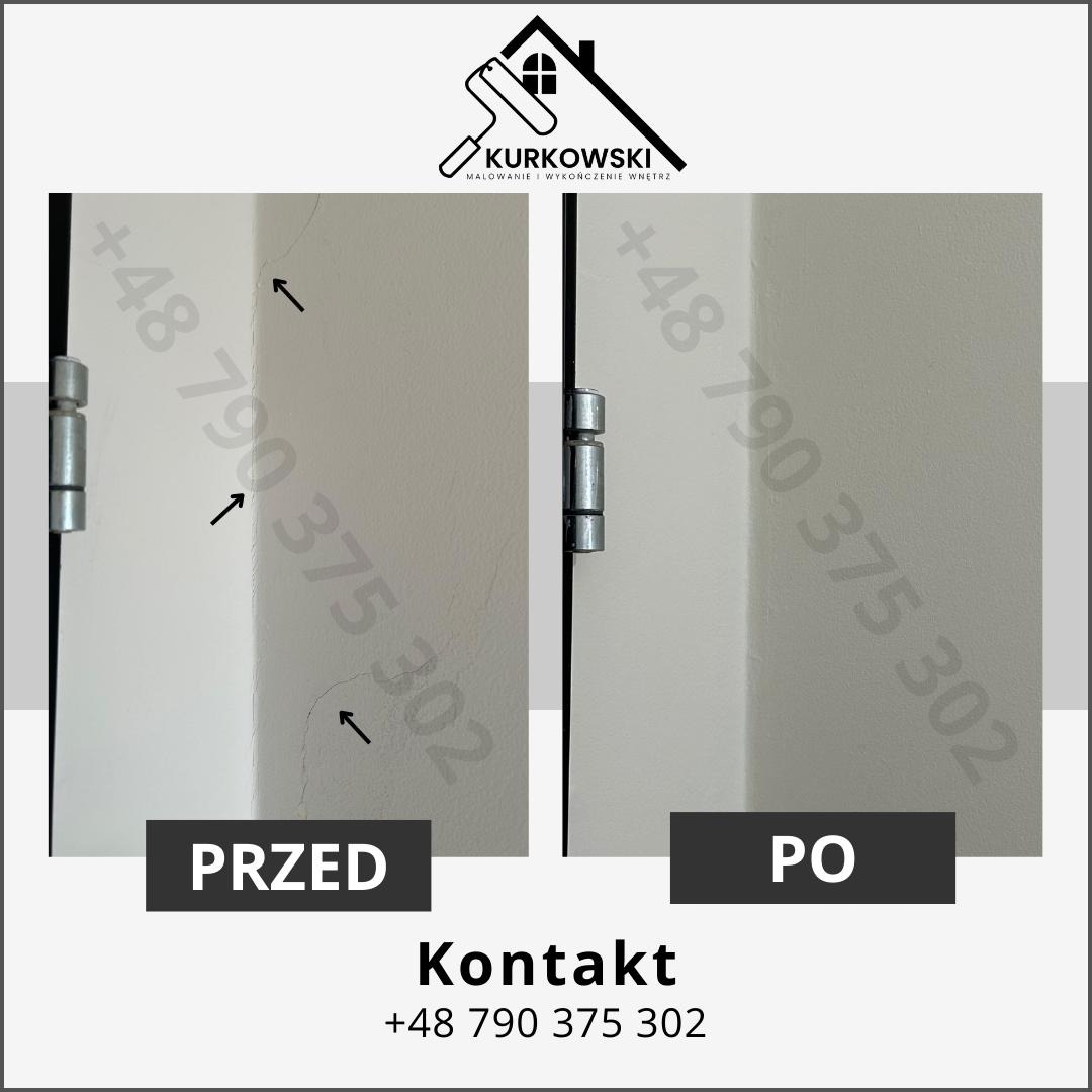 Drzwi przed i po renowacji: widoczne pęknięcia i nierówności usunięte, powierzchnia gładka i jednolita, zawiasy wyczyszczone, z numerem telefonu firmy na zdjęciu.
