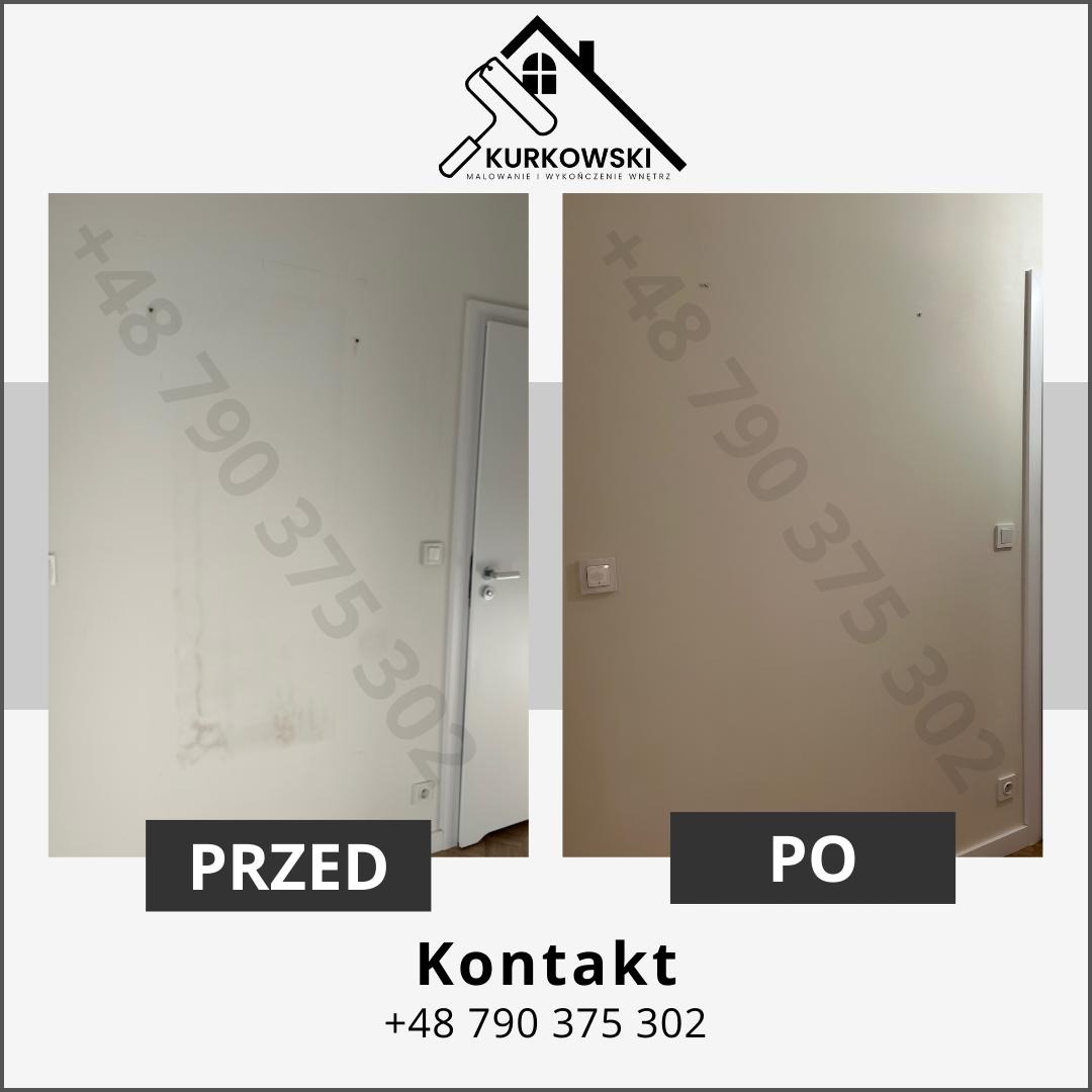 Porównanie ściany przed i po odświeżeniu, widoczne różnice w czystości i kolorze, z numerem telefonu firmy naklejonym na ścianie.