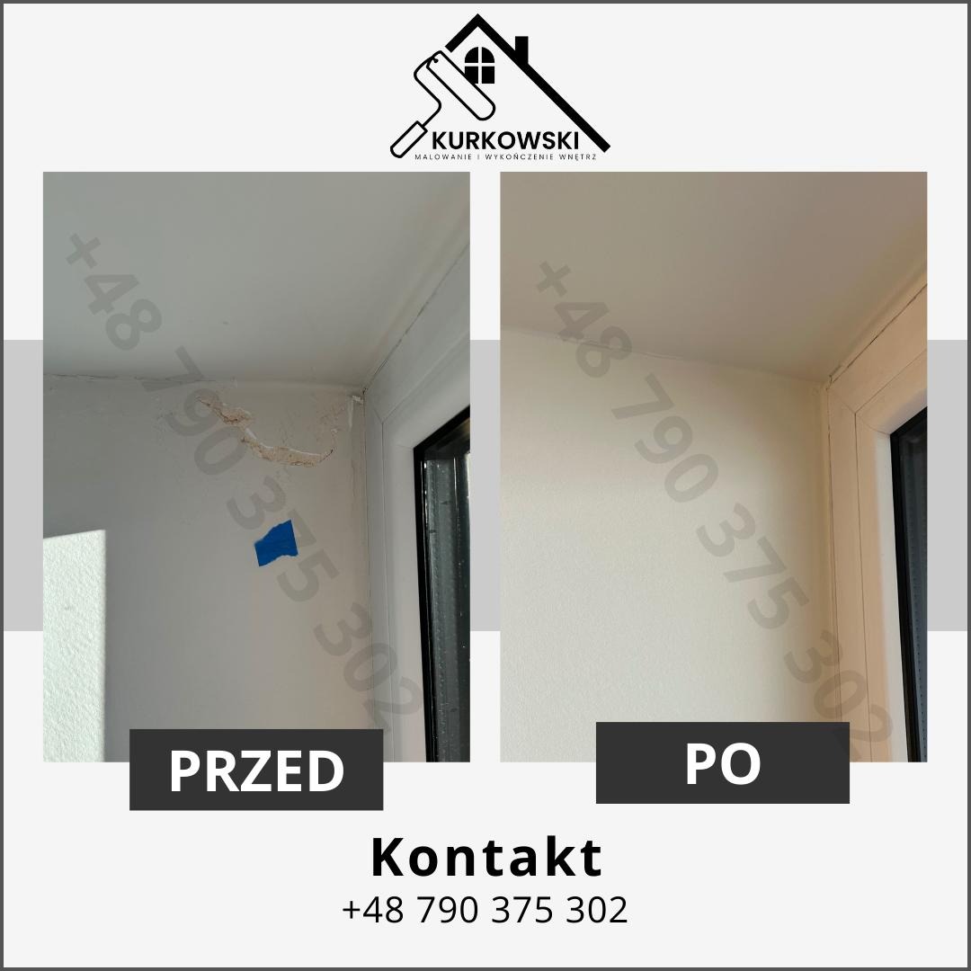 Porównanie stanu ściany przed i po malowaniu: zarysowania i ubytki usunięte, narożnik okna odświeżony, ściana pomalowana na jednolity, jasny kolor.