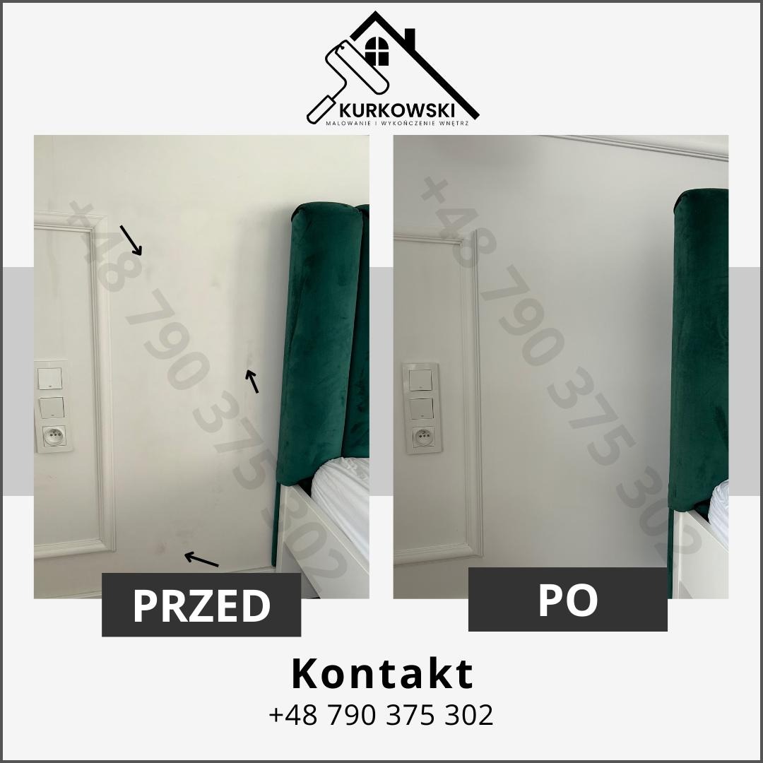 Porównanie stanu ściany przed i po malowaniu, widoczne zabrudzenia usunięte, fragment zagłówka łóżka z zielonego weluru, gniazdko elektryczne, napis 'PRZED' i 'PO' oraz numer telefonu firmy.