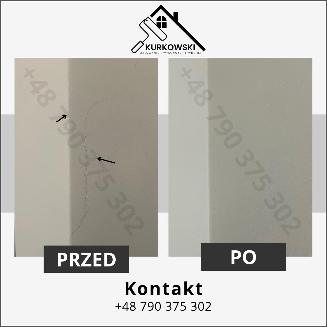 Porównanie stanu ściany przed i po naprawie: widoczne pęknięcie przed naprawą i gładka powierzchnia po, z numerem telefonu kontaktowym.