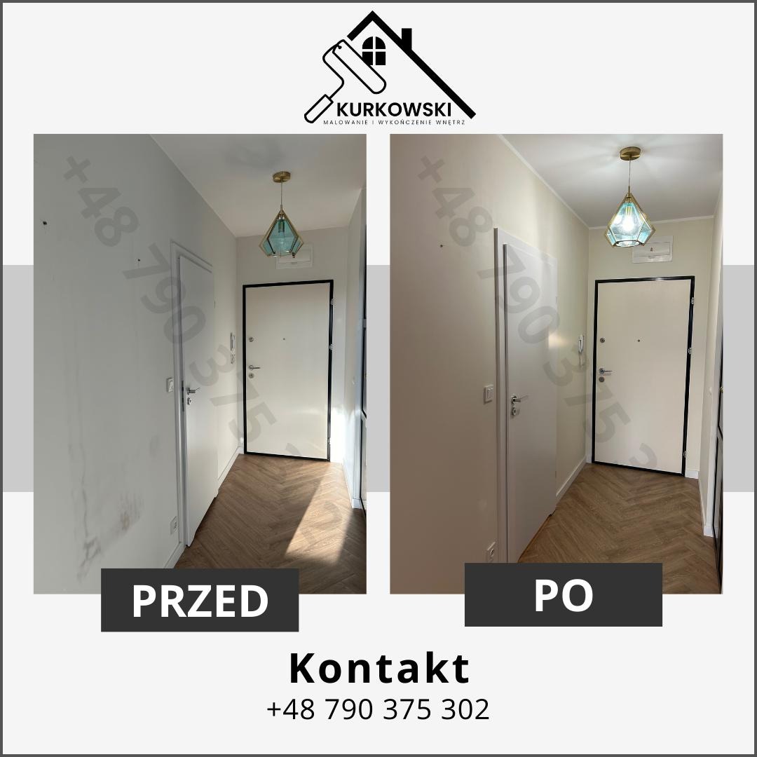 Korytarz mieszkania przed i po odświeżeniu koloru ścian, widoczna różnica w czystości i jednolitości barwy, wisząca lampa o geometrycznym kształcie.