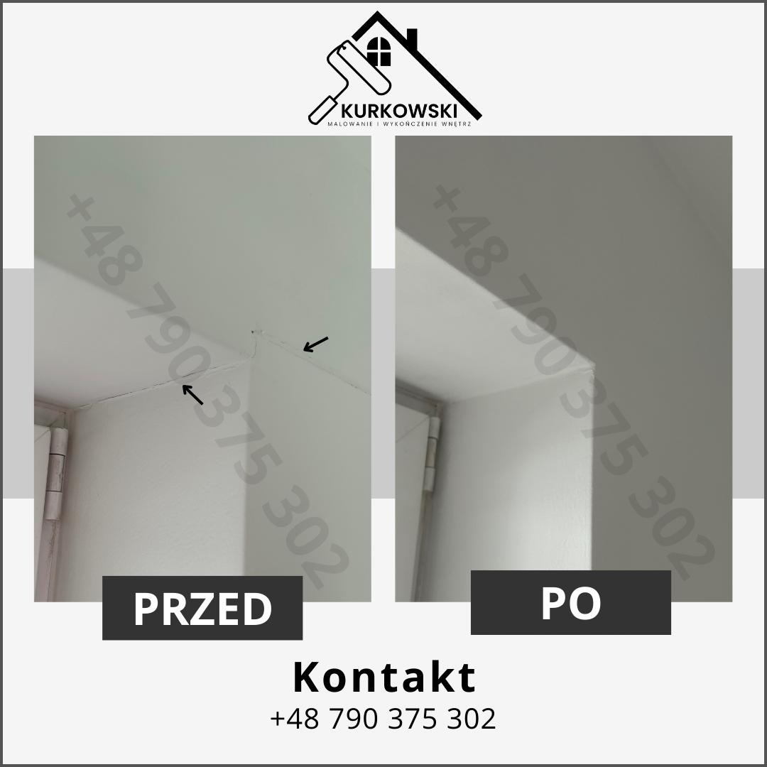 Porównanie stanu narożnika ściany przed i po odświeżeniu, widoczne niedoskonałości przed malowaniem i gładka powierzchnia po, z naniesionym numerem telefonu kontaktowego i logo firmy.