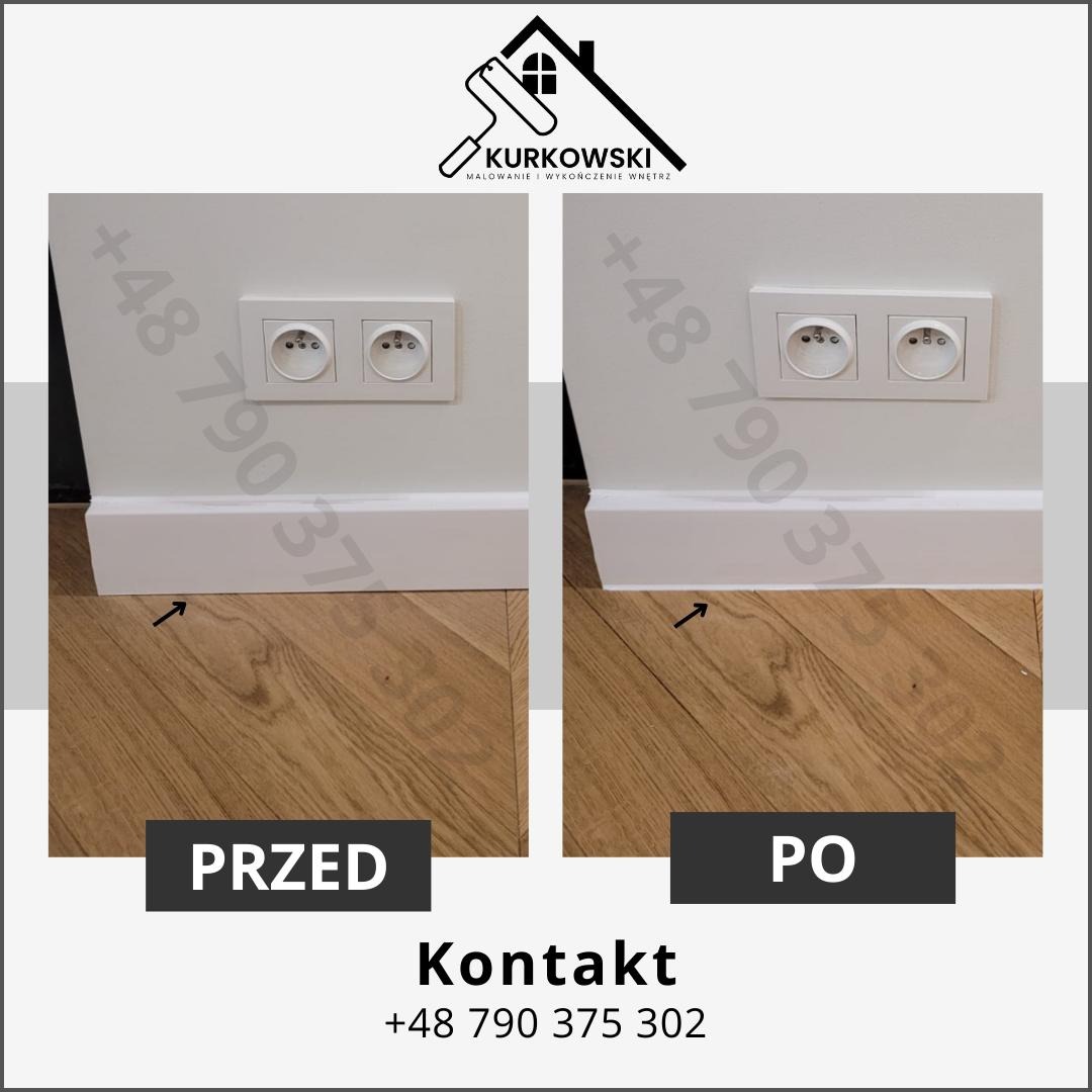 Porównanie stanu ściany i przypodłogówki przed i po odświeżeniu, widoczne gniazdka elektryczne w białej ramce, drewniana podłoga, strzałki wskazujące na obszar zmian.