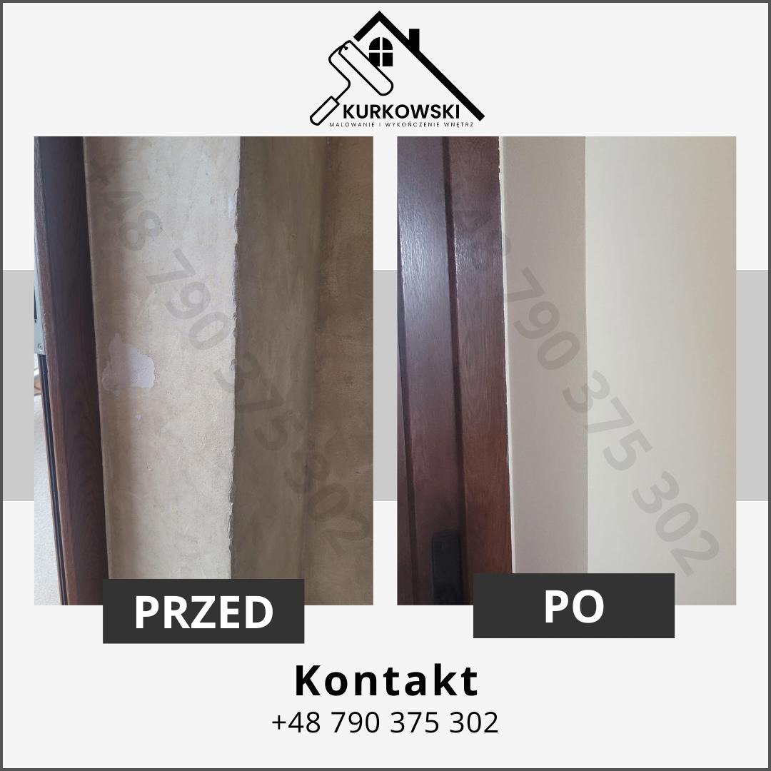 Porównanie stanu ściany przed i po malowaniu, widoczne niedoskonałości przed i gładka, jasna powierzchnia po, z numerem telefonu nałożonym na obraz.