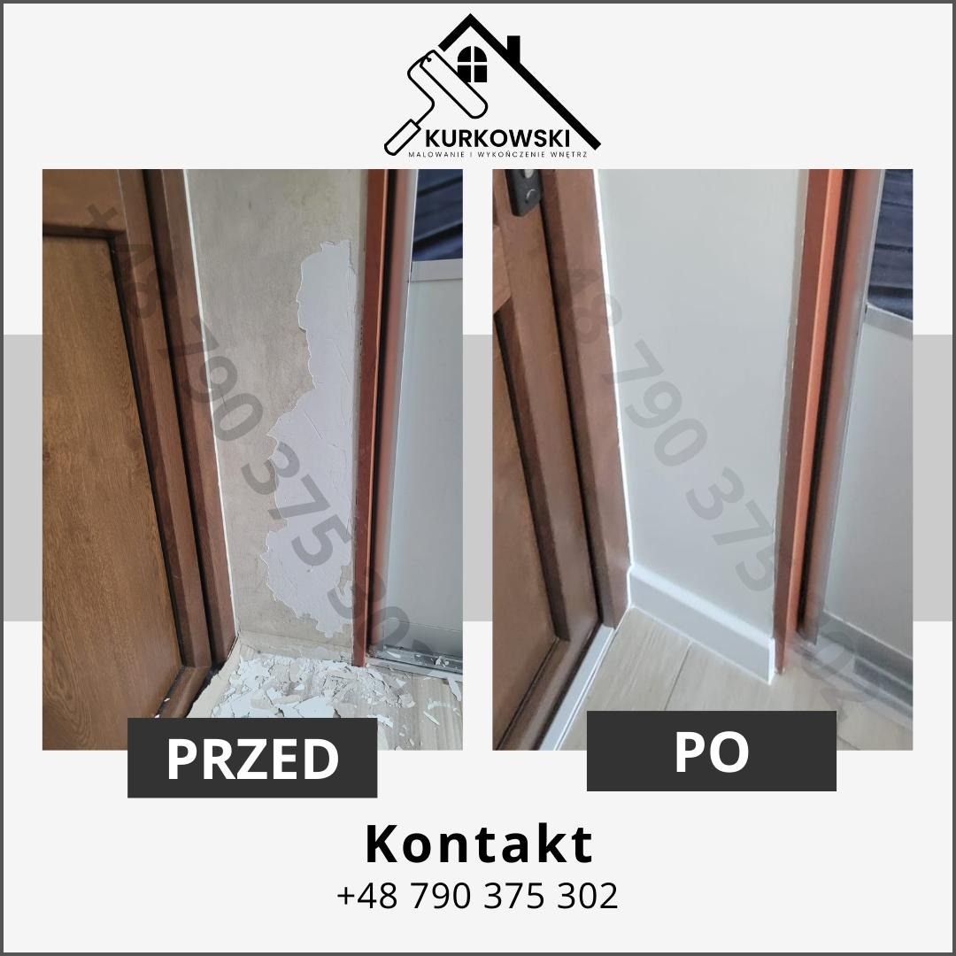 Porównanie stanu ściany przy futrynie drzwiowej przed i po remoncie: usunięta stara farba i położona gładź, listwa przypodłogowa zamontowana, widoczne niedoskonałości na ścianie przed remontem.