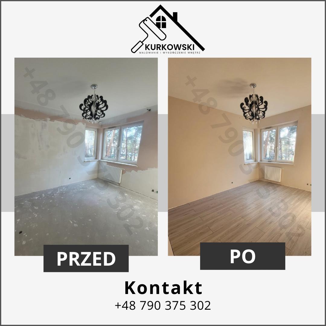 Porównanie pokoju przed i po remoncie: ściany częściowo zaszpachlowane, goły beton na podłodze kontra świeżo pomalowane ściany i panele podłogowe w odcieniach brązu, ozdobny żyrandol pozostaje...