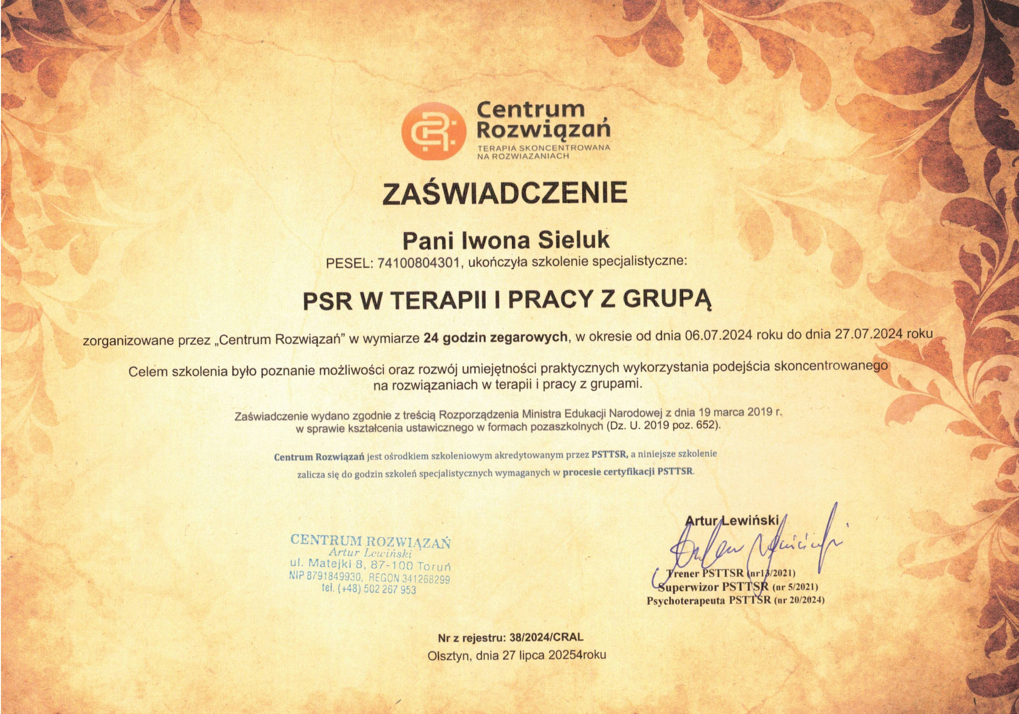 Zaświadczenie o ukończeniu szkolenia specjalistycznego PSR w terapii i pracy z grupą, wydane przez Centrum Rozwiązań dla Iwony Sieluk.