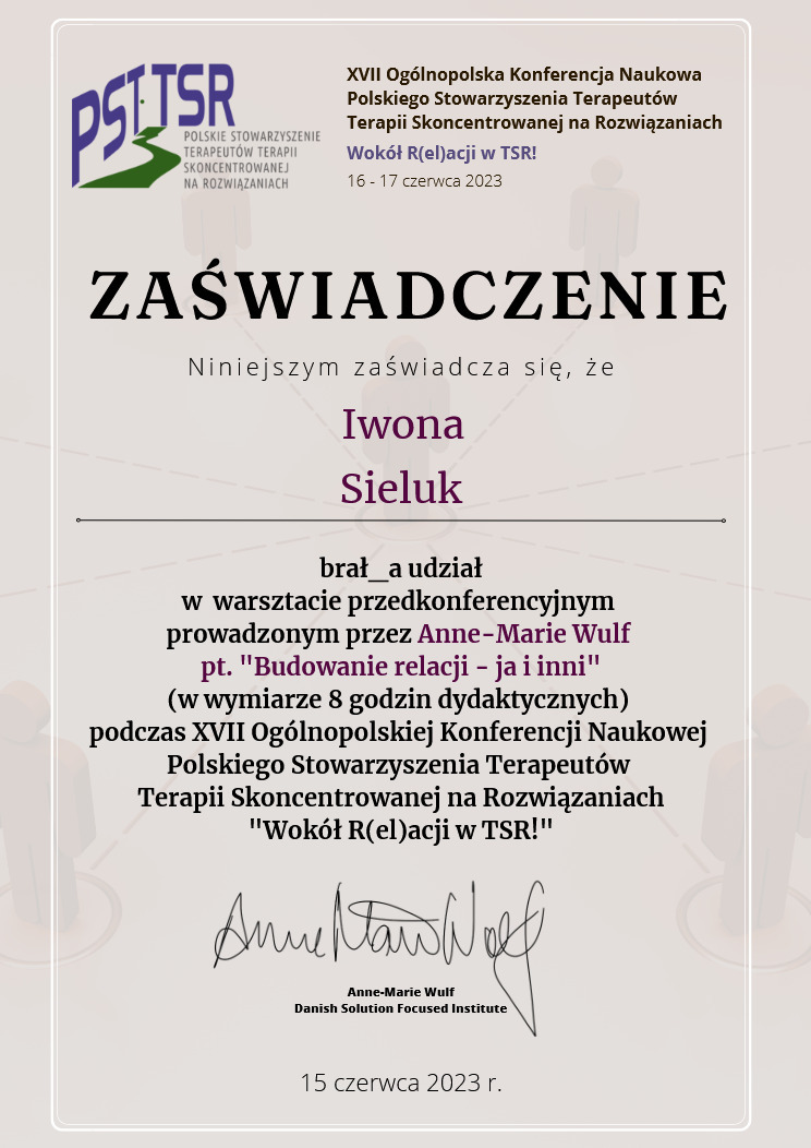 Zaświadczenie o udziale w warsztacie terapii skoncentrowanej na rozwiązaniach dla Iwony Sieluk w Olsztynie. Dokument z datą 15 czerwca 2023.