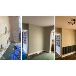 GAB Home Improvements - Trzy kadry z remontu pokoju: pierwszy ukazuje ściany w trakcie skuwania, drugi po położeniu gładzi, a trzeci po malowaniu, z zamontowanym grzejnikiem i lampą.