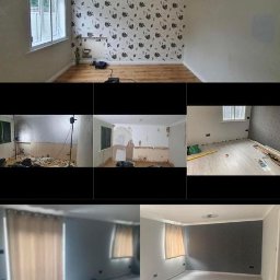 GAB Home Improvements - Kolaż zdjęć przedstawiający etapy odrywania tapety, przygotowania ścian i kładzenia nowej tapety w pokoju z oknem, widoczne narzędzia i materiały budowlane.