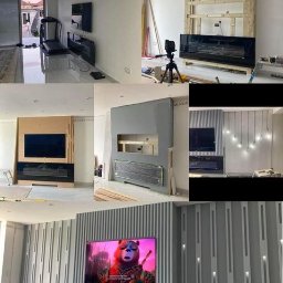 GAB Home Improvements - Kolaż zdjęć przedstawiających etapy tworzenia ściany TV z elektrycznym kominkiem: od drewnianej konstrukcji i surowych ścian, przez szpachlowanie i malowanie, po finalny efekt z oświetleniem...