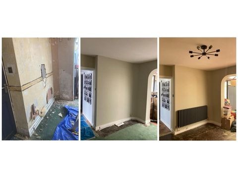 Trzy kadry z remontu pokoju: pierwszy ukazuje ściany w trakcie skuwania, drugi po położeniu gładzi, a trzeci po malowaniu, z zamontowanym grzejnikiem i lampą.