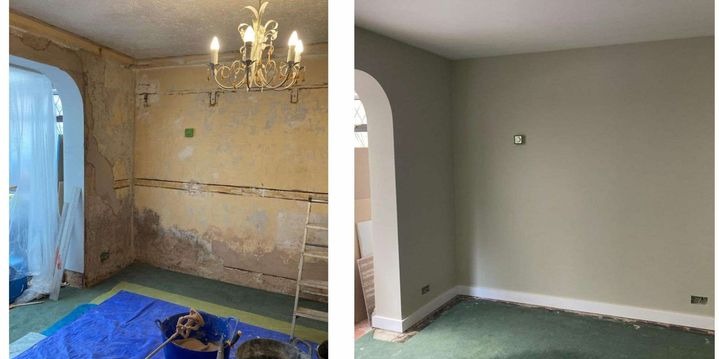 Porównanie stanu pokoju przed i po malowaniu: ściana z resztkami starej farby i odsłoniętym murem kontra świeżo pomalowana ściana w odcieniach beżu z nową listwą przypodłogową i gładkim wykończeniem.