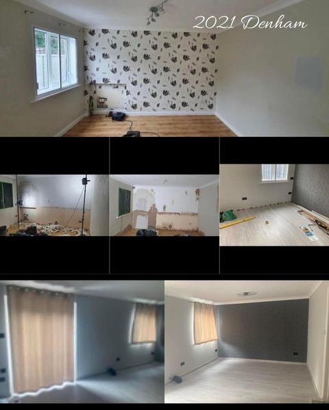 Kolaż zdjęć przedstawiający etapy odrywania tapety, przygotowania ścian i kładzenia nowej tapety w pokoju z oknem, widoczne narzędzia i materiały budowlane.