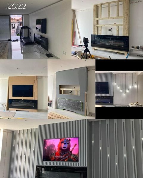 Kolaż zdjęć przedstawiających etapy tworzenia ściany TV z elektrycznym kominkiem: od drewnianej konstrukcji i surowych ścian, przez szpachlowanie i malowanie, po finalny efekt z oświetleniem...