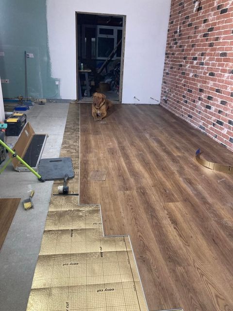 Układanie paneli podłogowych w pokoju z czerwoną ścianą z cegły, pies leżący w przejściu do kolejnego pomieszczenia, widoczne narzędzia i materiały budowlane.