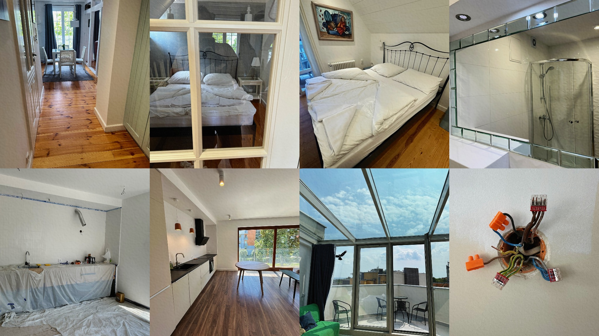 Zestawienie różnych wnętrz po renowacji: drewniana podłoga w korytarzu, sypialnia z żelaznym łóżkiem widziana przez okno, sypialnia z obrazem na ścianie, łazienka z kabiną prysznicową i lustrem...