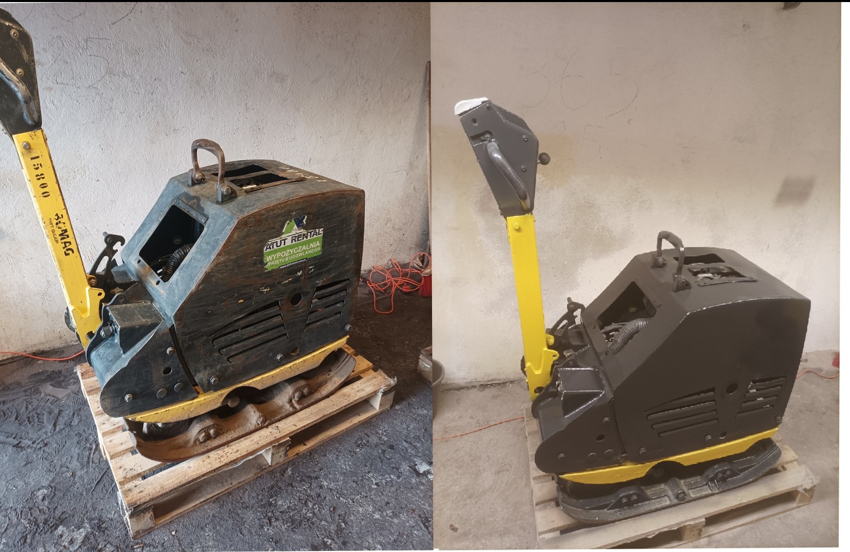 Porównanie wizualne: zagęszczarka gruntu przed i po odnowieniu, stojąca na drewnianej palecie. Po lewej stronie maszyna jest brudna i nosi ślady użytkowania, po prawej świeżo pomalowana na czarno...