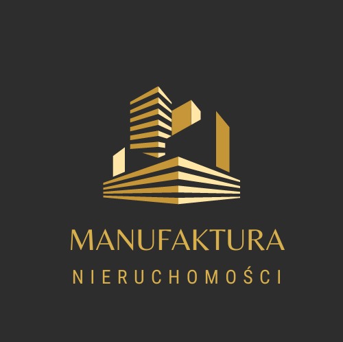 Złoty logotyp firmy 'Manufaktura Nieruchomości' na ciemnoszarym tle. Stylizowane budynki w formie geometrycznej.