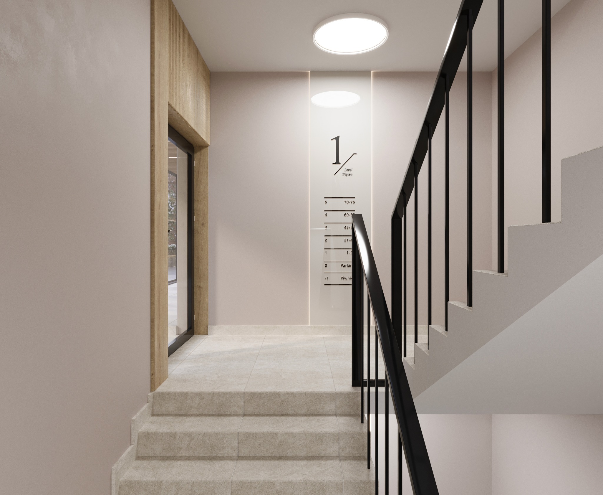 Klatka schodowa w nowym budynku z numeracją pięter, nowoczesne wykończenie, jasne ściany i czarne balustrady.