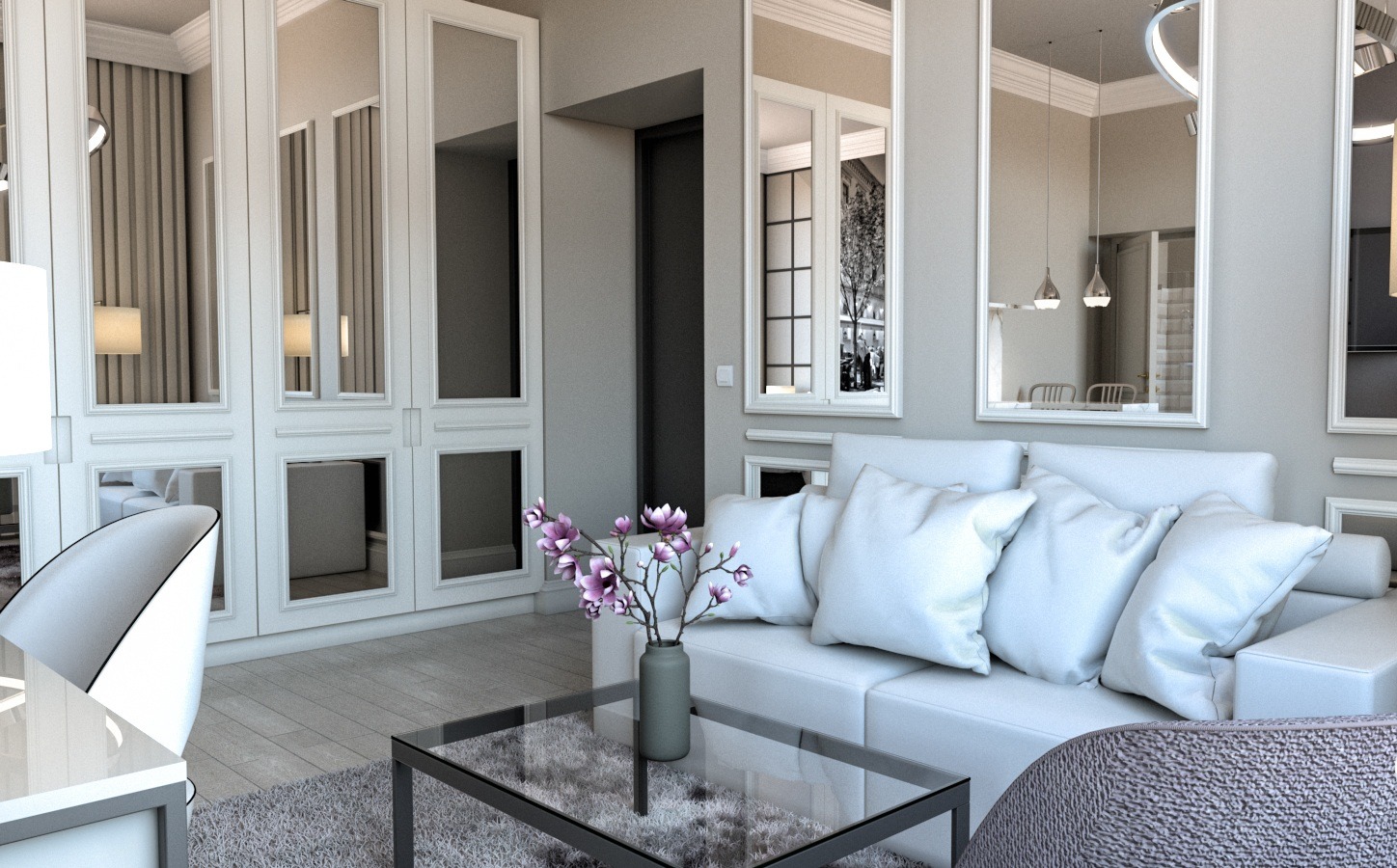 Elegancki salon z białymi meblami, lustrami w ozdobnych ramach i szklanym stolikiem kawowym z kwiatami. Nowoczesne oświetlenie i subtelna kolorystyka.
