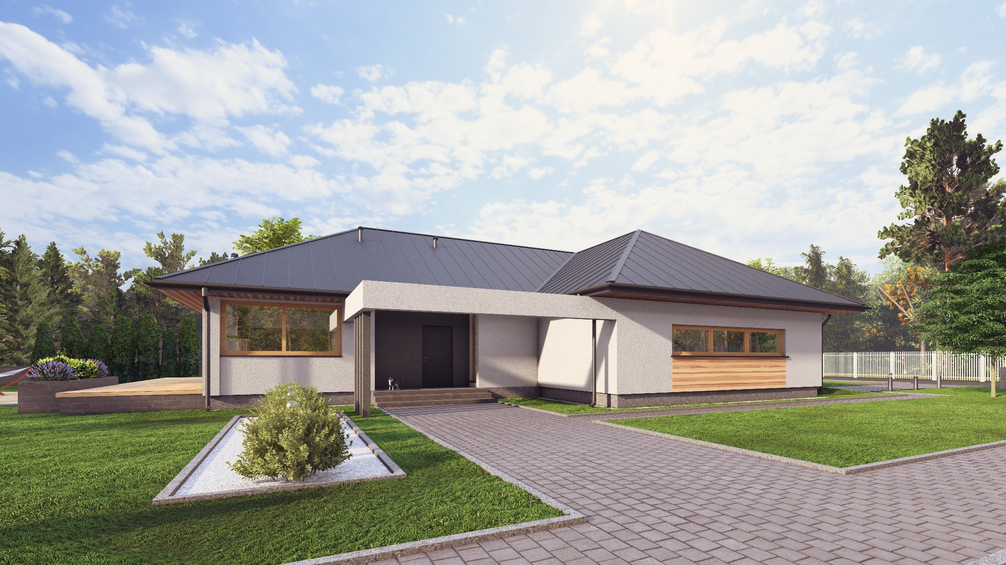 Parterowy dom z szarą dachówką, jasną elewacją i drewnianymi akcentami, otoczony zielonym trawnikiem i drzewami. Brukowany podjazd prowadzi do wejścia.