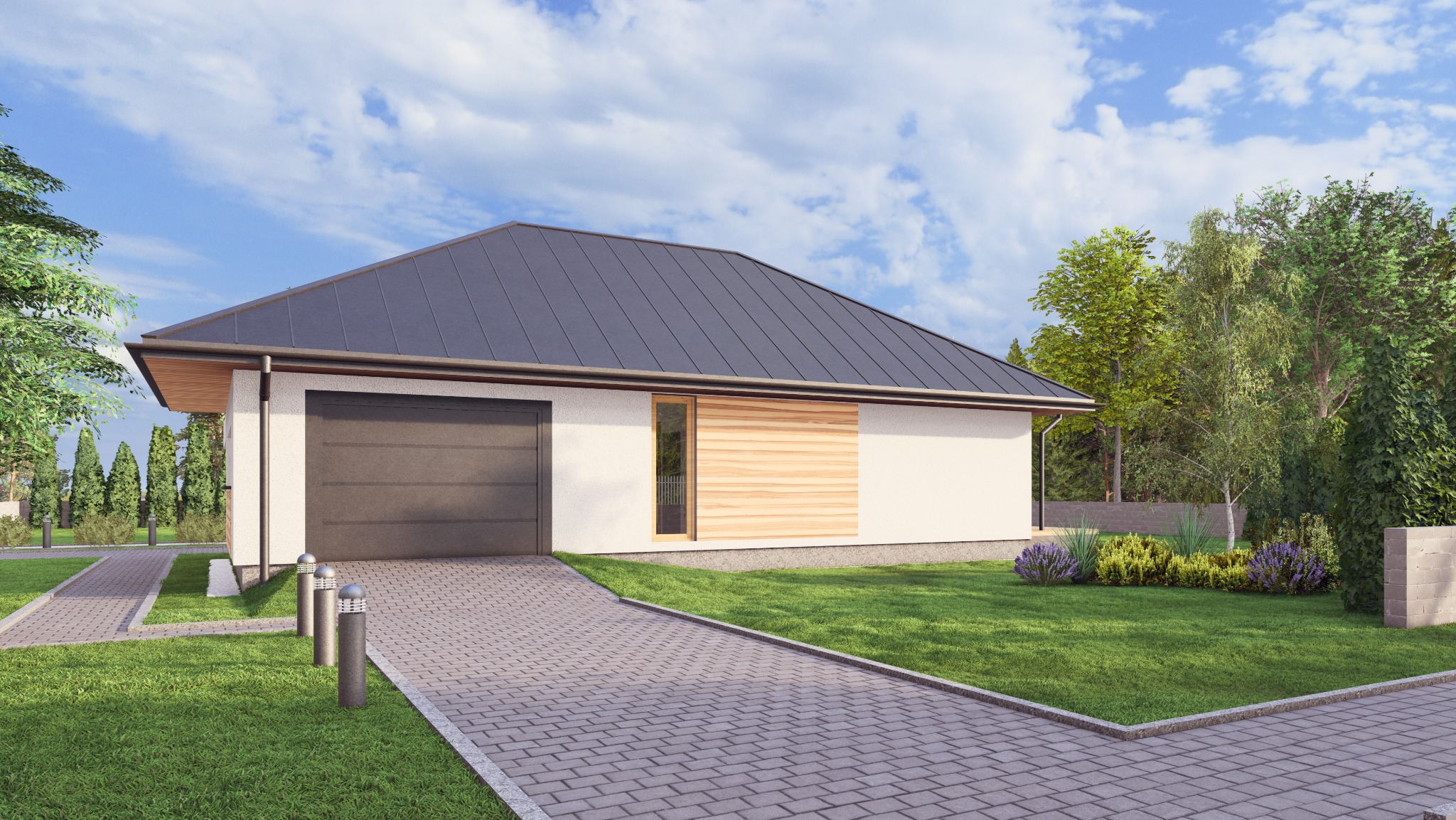Nowoczesny dom parterowy z garażem i drewnianą elewacją, otoczony zielonym trawnikiem i kostką brukową. Dach dwuspadowy, ciemnoszary. Oświetlenie zewnętrzne wzdłuż ścieżki.