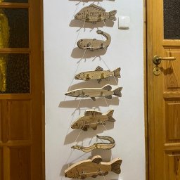 Krzysztof Czerwiński - Ręcznie wykonana, drewniana dekoracja ścienna przedstawiająca ryby różnych gatunków, zawieszona na sznurkach, widoczna na tle białej ściany w domu w Olsztynie.