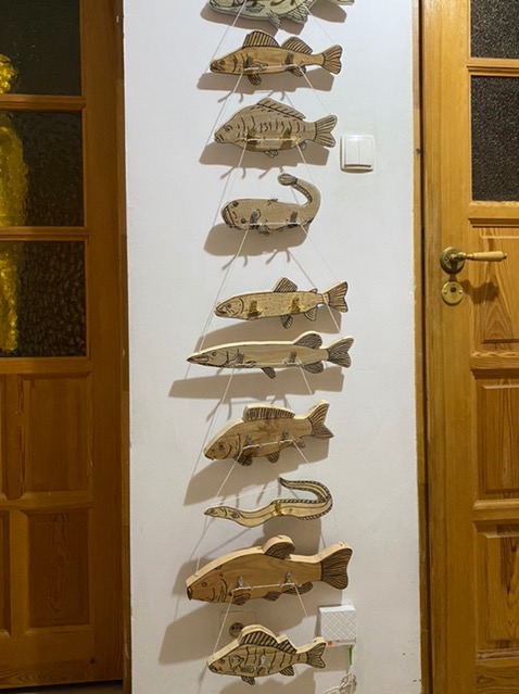 Ręcznie wykonana, drewniana dekoracja ścienna przedstawiająca ryby różnych gatunków, zawieszona na sznurkach, widoczna na tle białej ściany w domu w Olsztynie.