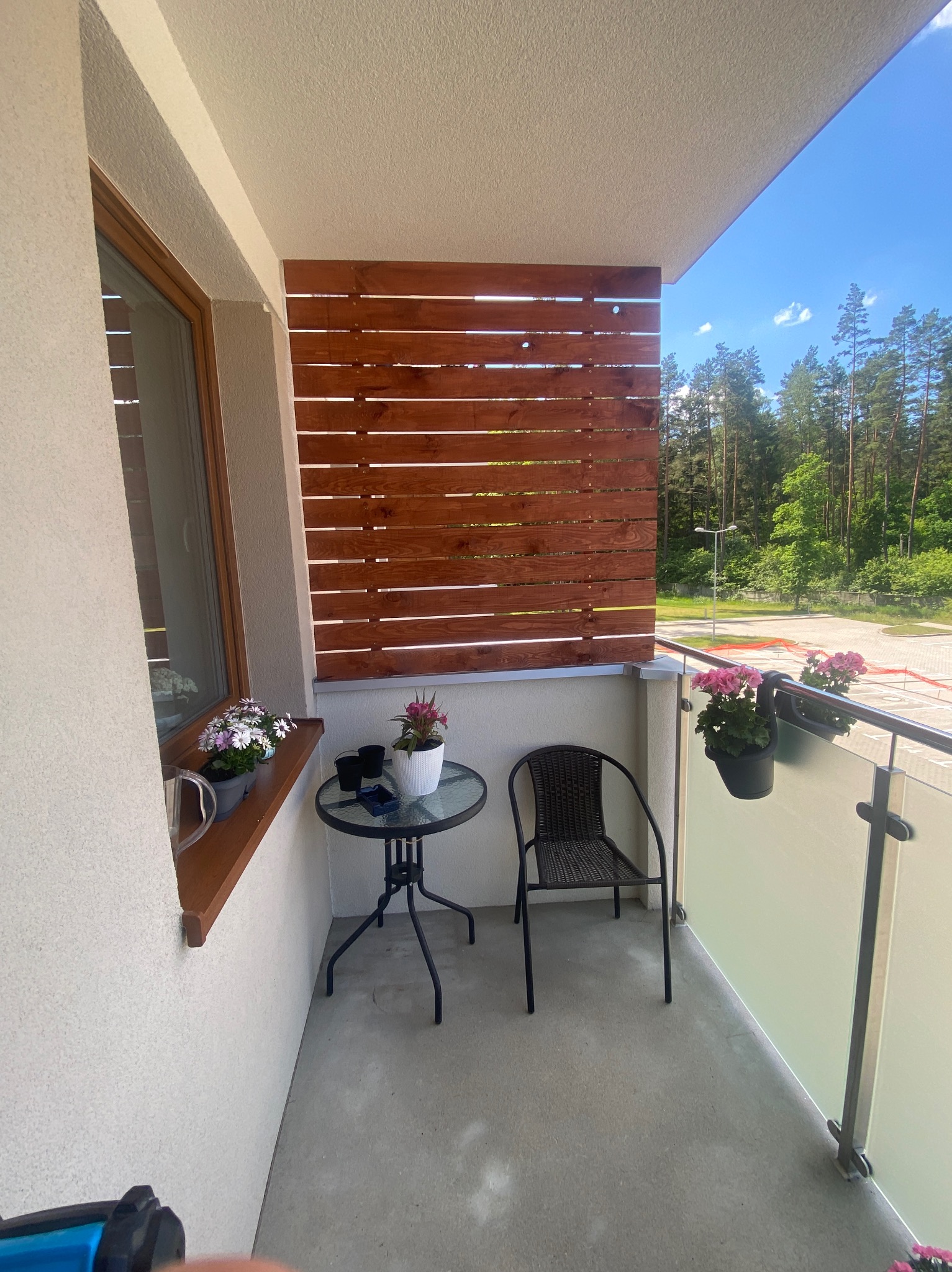 Zadaszony balkon z drewnianą osłoną, szklaną balustradą, stolikiem kawowym, krzesłem z rattanu i kwiatami w doniczkach, widok na las w tle.