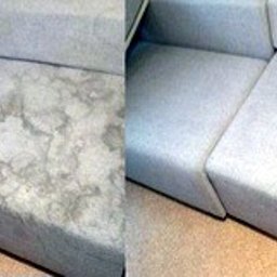 Mobilne Pranie Mebli Exspress-Vitalii Matviichuk - Porównanie stanu sofy przed i po czyszczeniu. Po lewej stronie widoczne wyraźne, ciemne plamy i zabrudzenia na jasnej tapicerce. Po prawej stronie sofa po czyszczeniu, tapicerka jednolita, czysta...