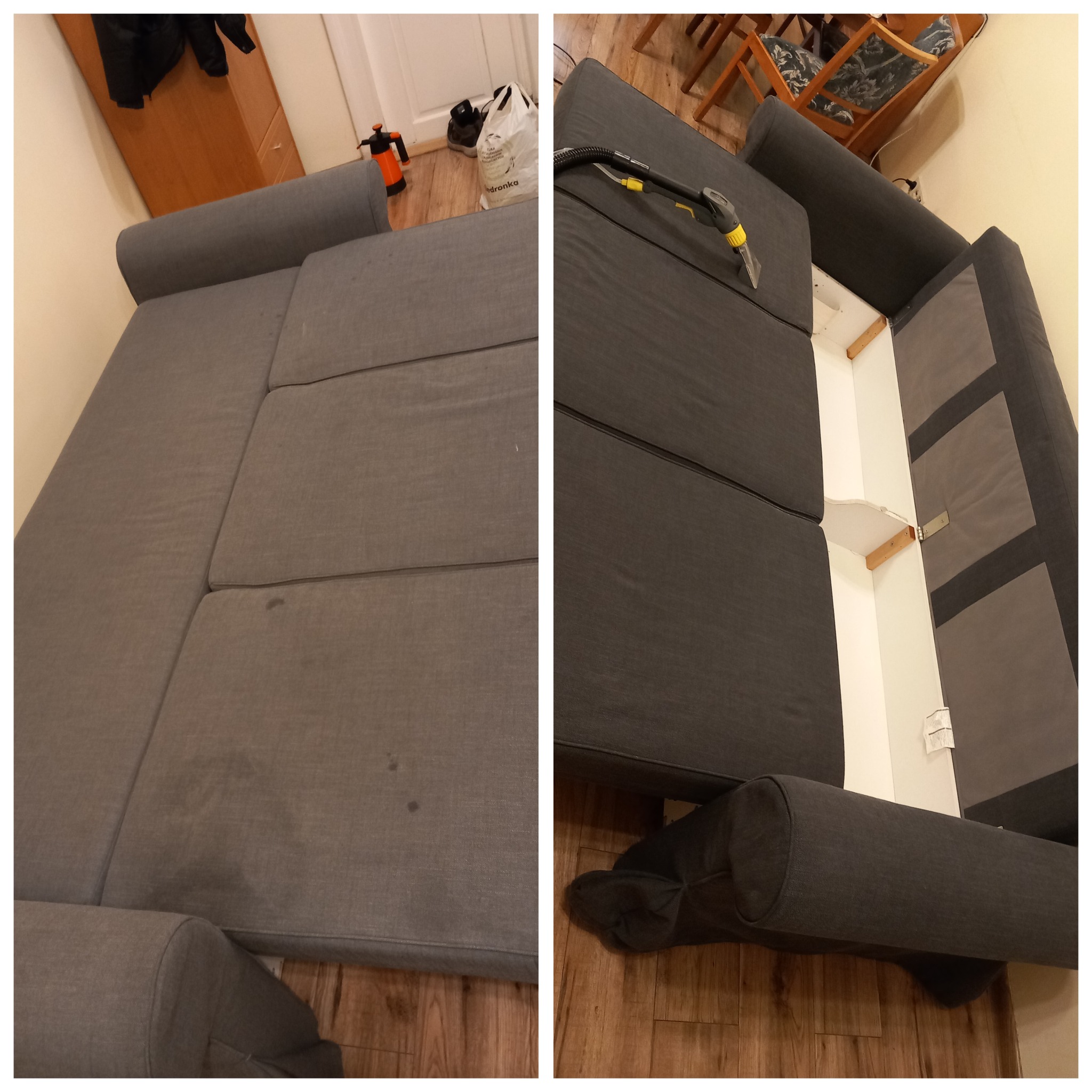 Szara narożna kanapa przed i po czyszczeniu, widoczne plamy przed zabiegiem oraz odessana woda po czyszczeniu profesjonalnym odkurzaczem piorącym.