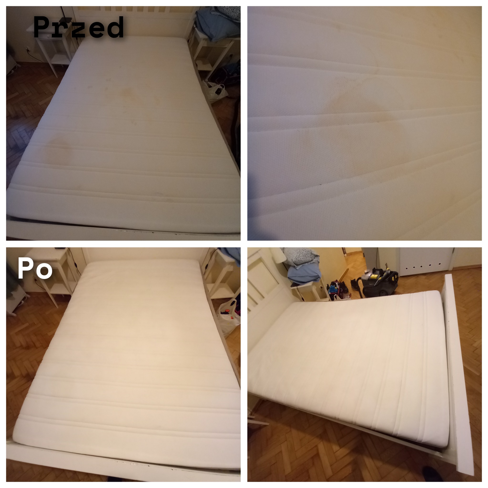 Materac z widocznymi plamami przed czyszczeniem i czysty materac po praniu, widoczna biała rama łóżka i parkiet na podłodze.