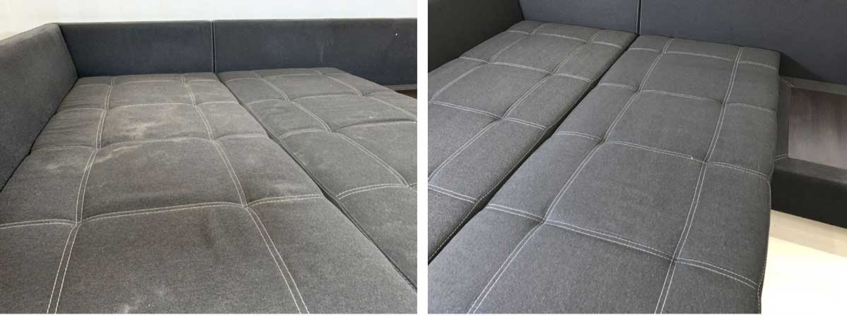 Porównanie fragmentu szarej kanapy modułowej przed i po czyszczeniu, widoczne wyraźne różnice w wyglądzie tapicerki.