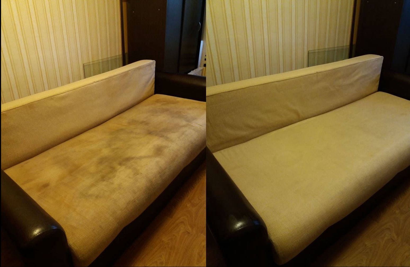 Beżowa kanapa z brązowymi bokami, widok przed i po czyszczeniu, ukazujący wyraźną różnicę w czystości tapicerki.