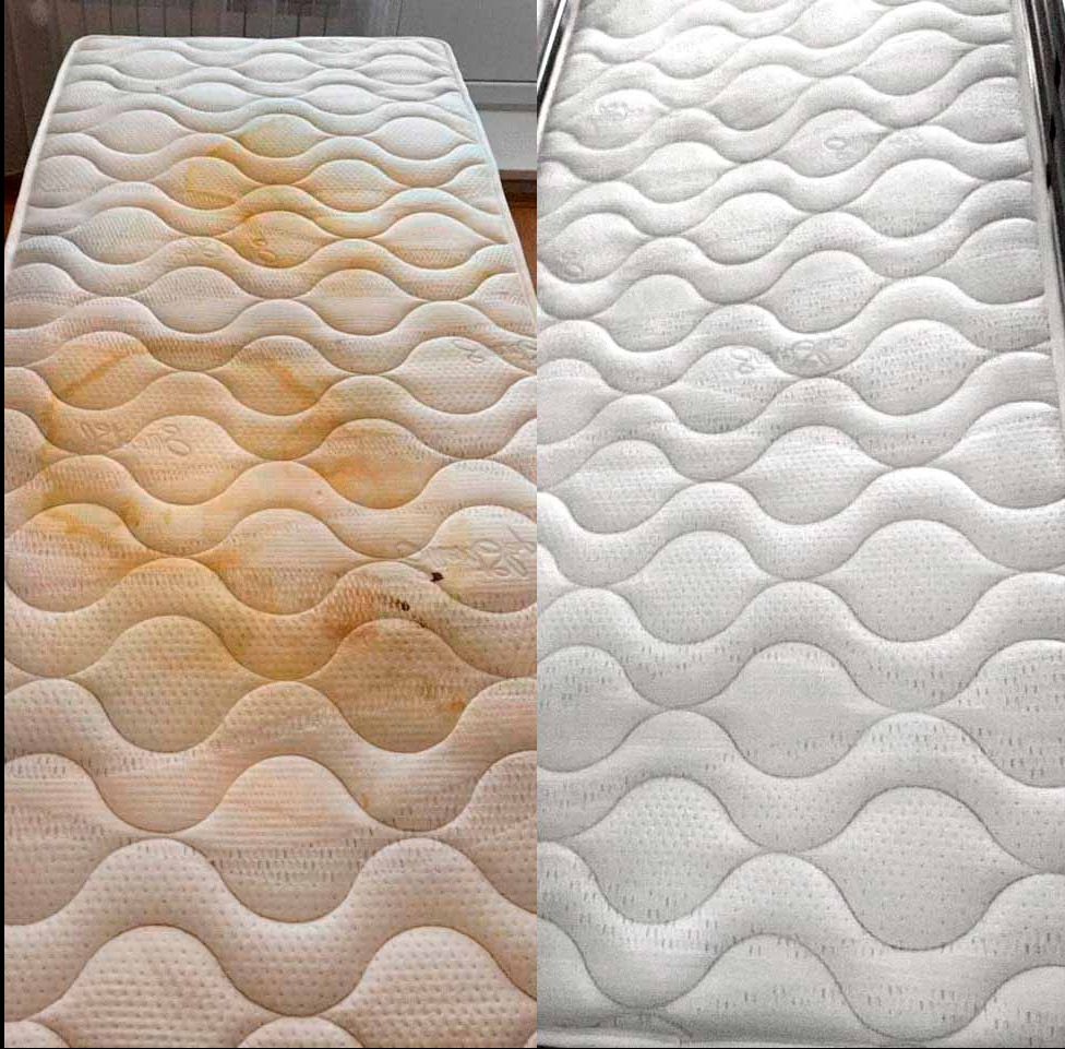 Porównanie materaca przed i po czyszczeniu: po lewej stronie widoczne silne, brązowe zabrudzenia, po prawej materac czysty, biały, z zachowanym wzorem pikowania.