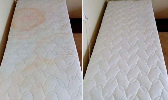 Porównanie stanu materaca przed i po czyszczeniu: po lewej stronie widoczna plama, po prawej materac czysty, biały, z regularnym wzorem pikowania.